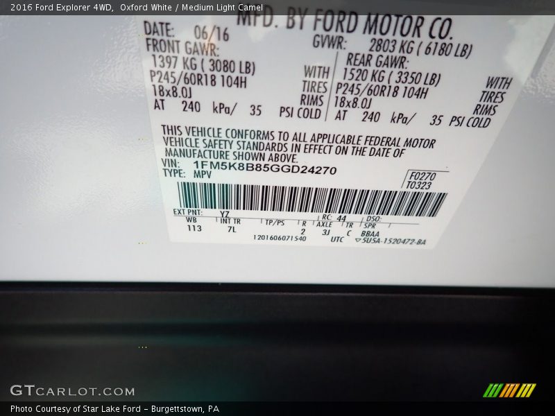 Oxford White / Medium Light Camel 2016 Ford Explorer 4WD
