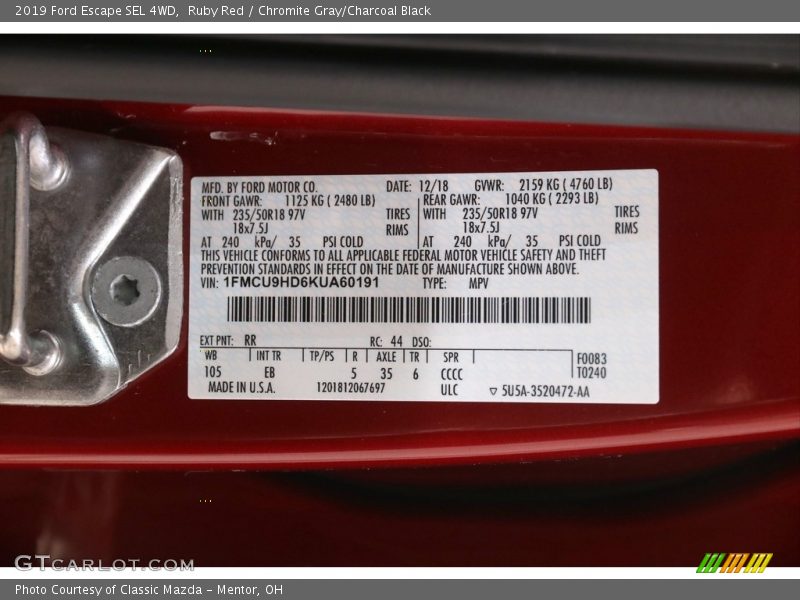 Ruby Red / Chromite Gray/Charcoal Black 2019 Ford Escape SEL 4WD