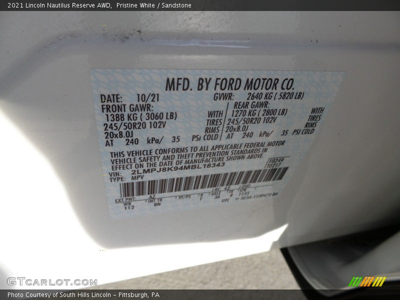 Pristine White / Sandstone 2021 Lincoln Nautilus Reserve AWD