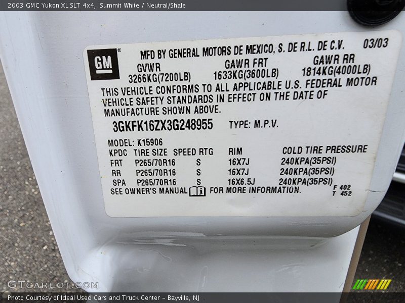 Summit White / Neutral/Shale 2003 GMC Yukon XL SLT 4x4