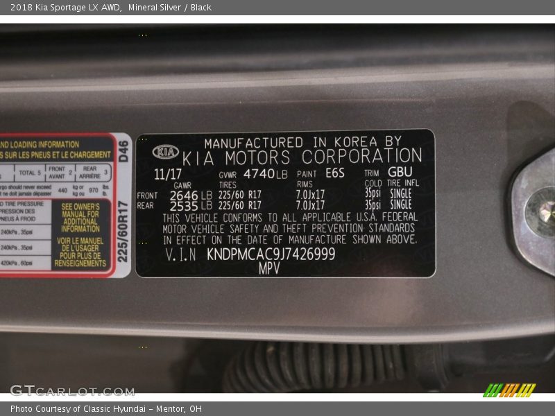 Mineral Silver / Black 2018 Kia Sportage LX AWD