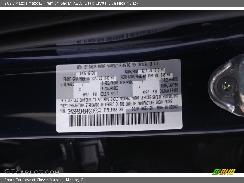 Deep Crystal Blue Mica / Black 2021 Mazda Mazda3 Premium Sedan AWD