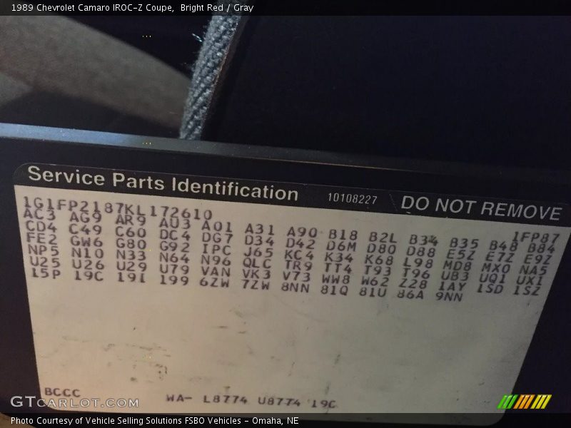 Info Tag of 1989 Camaro IROC-Z Coupe