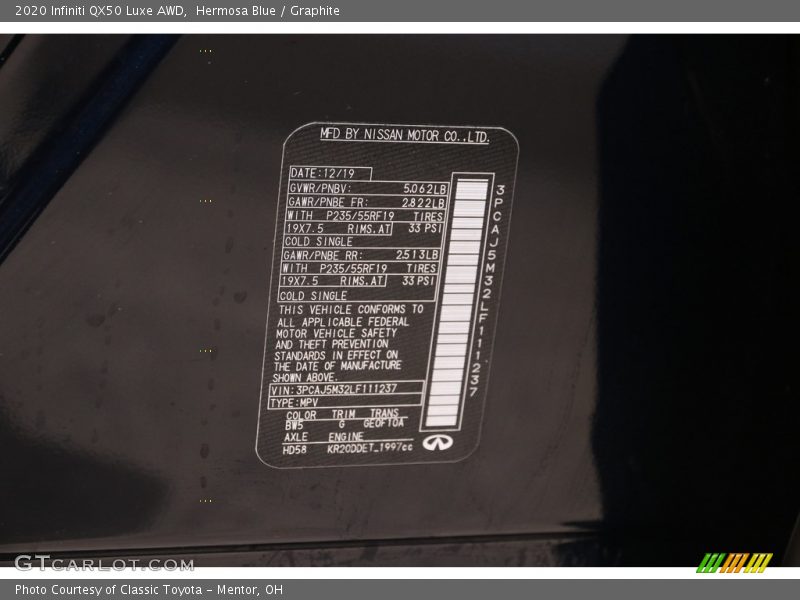 2020 QX50 Luxe AWD Hermosa Blue Color Code BW5