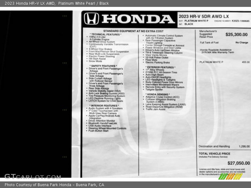Platinum White Pearl / Black 2023 Honda HR-V LX AWD