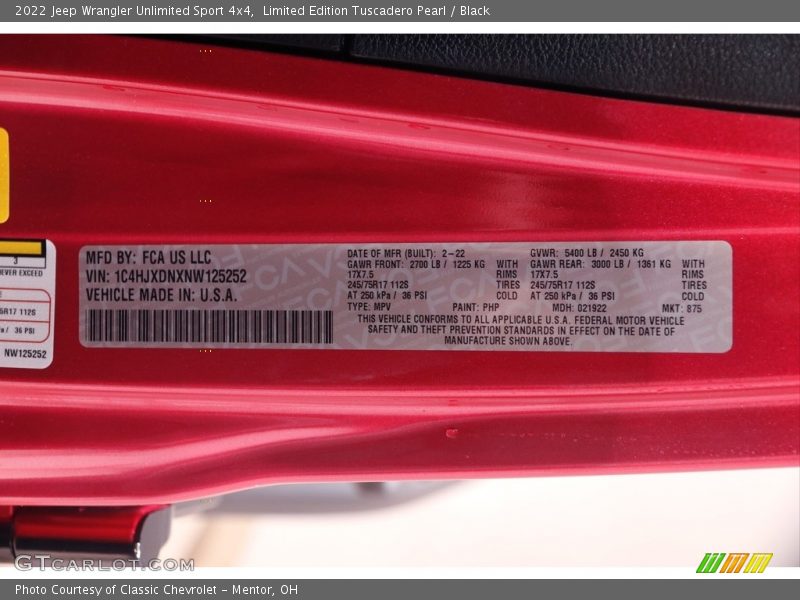 2022 Wrangler Unlimited Sport 4x4 Limited Edition Tuscadero Pearl Color Code PHP