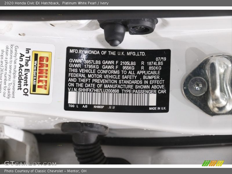Platinum White Pearl / Ivory 2020 Honda Civic EX Hatchback