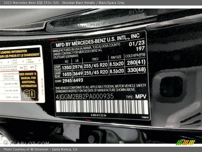2023 EQE 350+ SUV Obsidian Black Metallic Color Code 197