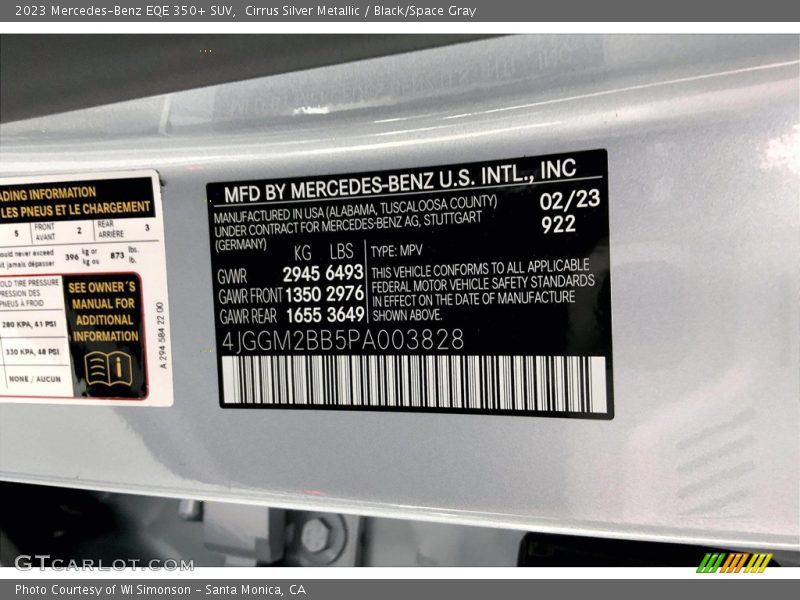 2023 EQE 350+ SUV Cirrus Silver Metallic Color Code 922