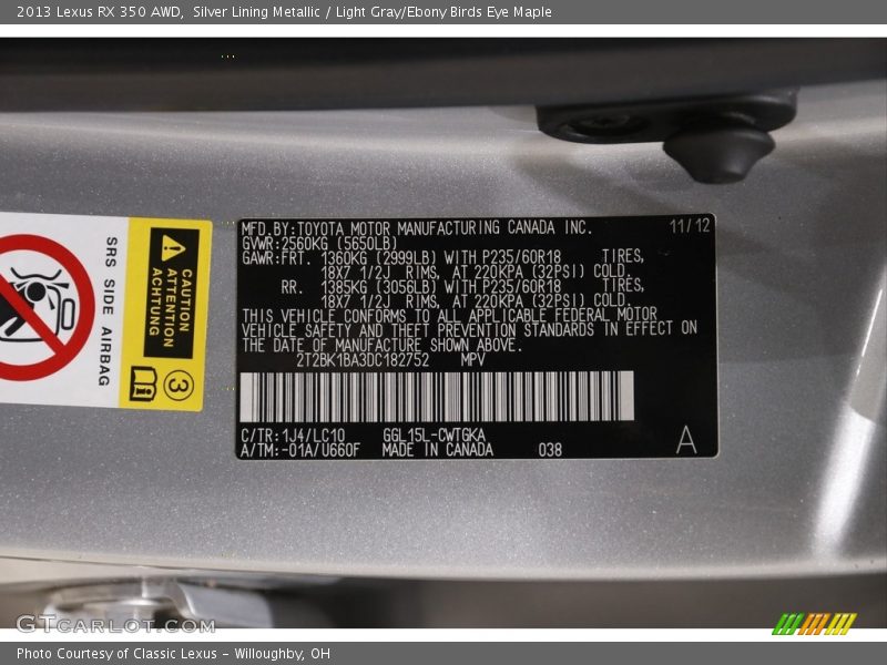Silver Lining Metallic / Light Gray/Ebony Birds Eye Maple 2013 Lexus RX 350 AWD