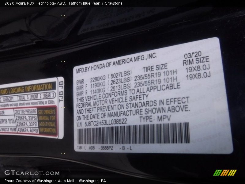 Fathom Blue Pearl / Graystone 2020 Acura RDX Technology AWD