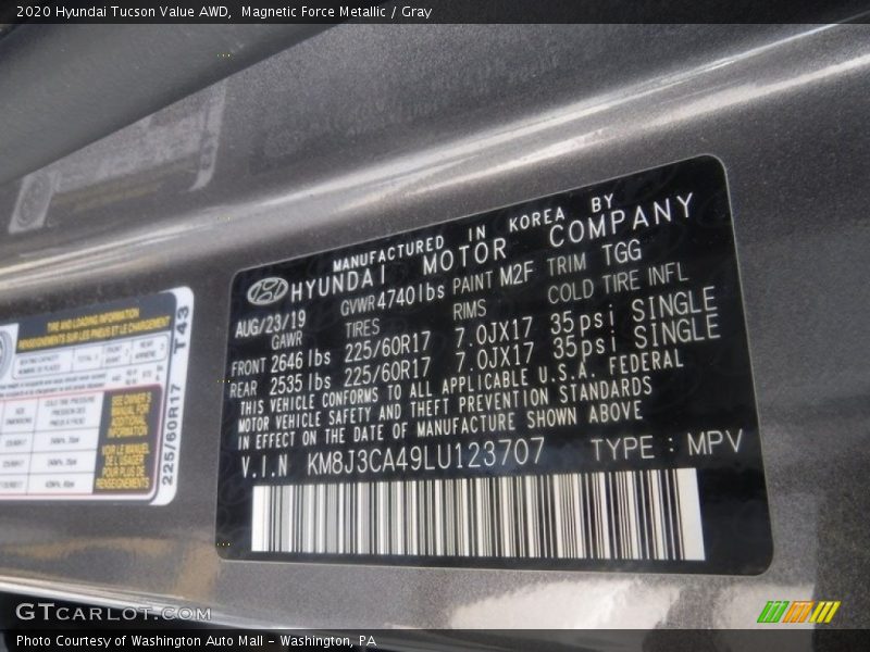 Magnetic Force Metallic / Gray 2020 Hyundai Tucson Value AWD