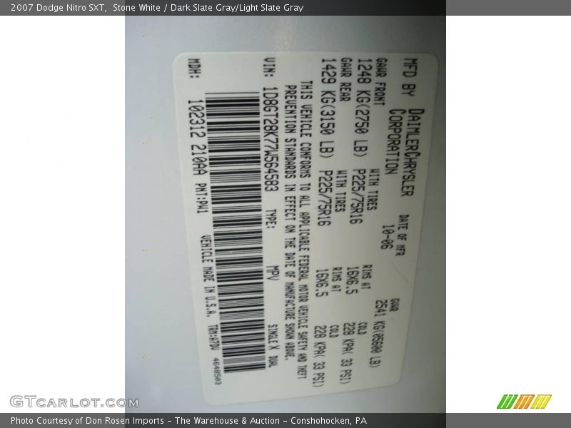 Stone White / Dark Slate Gray/Light Slate Gray 2007 Dodge Nitro SXT