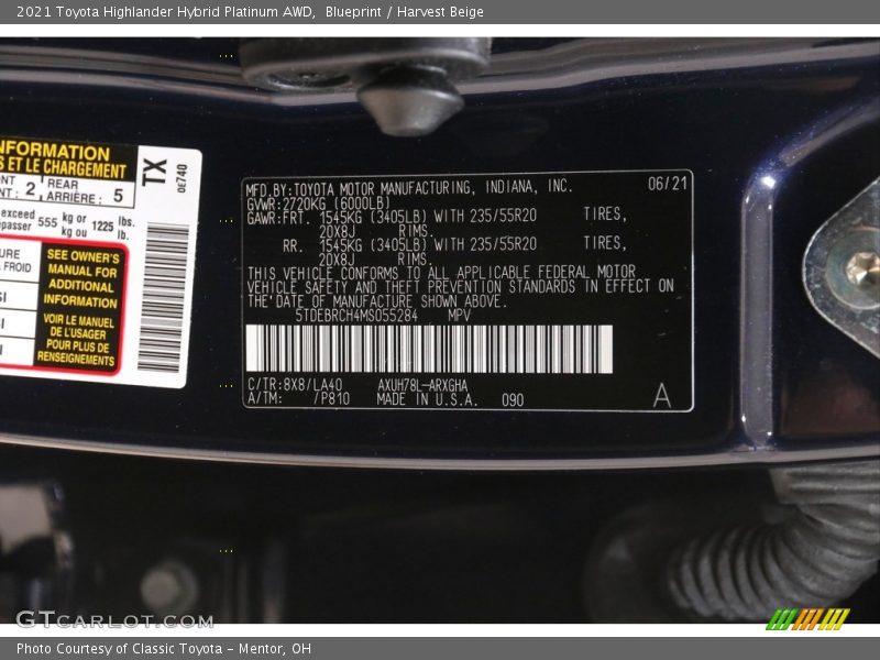 2021 Highlander Hybrid Platinum AWD Blueprint Color Code 8X8