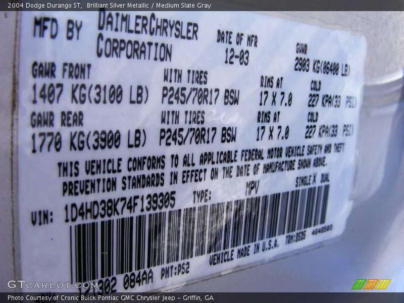 Brilliant Silver Metallic / Medium Slate Gray 2004 Dodge Durango ST