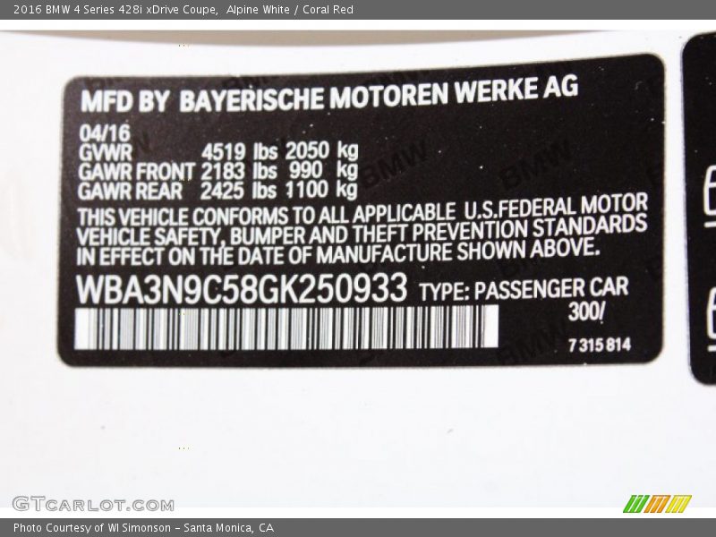 Alpine White / Coral Red 2016 BMW 4 Series 428i xDrive Coupe