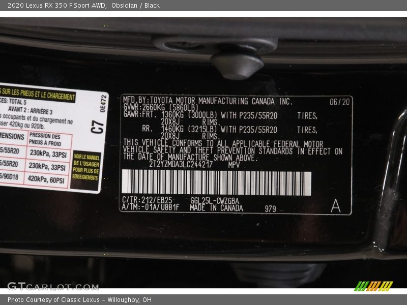 Obsidian / Black 2020 Lexus RX 350 F Sport AWD