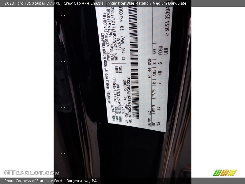 2023 F350 Super Duty XLT Crew Cab 4x4 Chassis Antimatter Blue Metallic Color Code HX