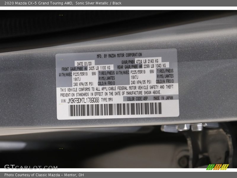 2020 CX-5 Grand Touring AWD Sonic Silver Metallic Color Code 45P