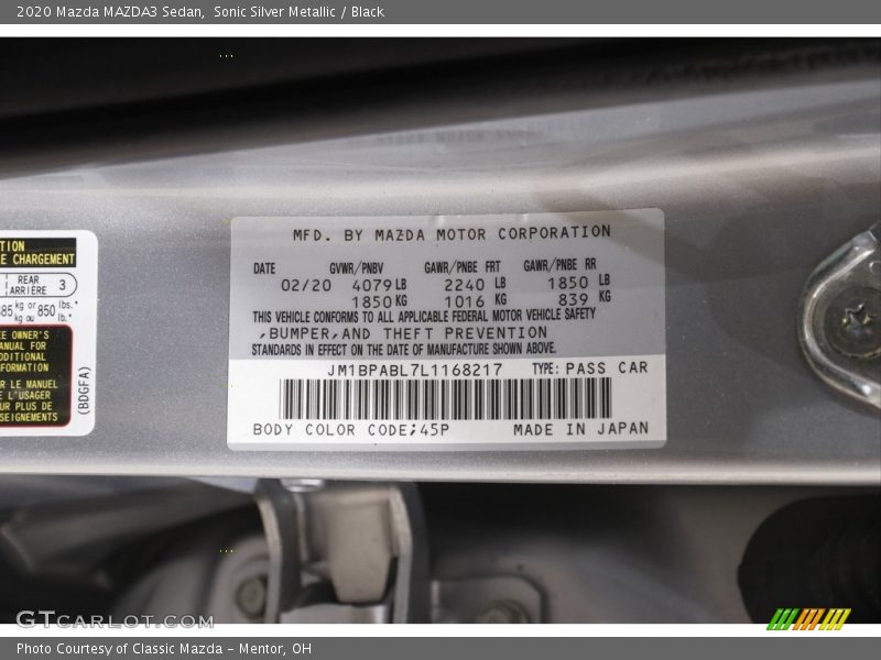 Sonic Silver Metallic / Black 2020 Mazda MAZDA3 Sedan