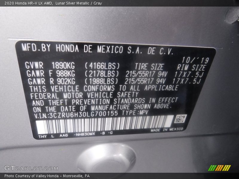 Lunar Silver Metallic / Gray 2020 Honda HR-V LX AWD