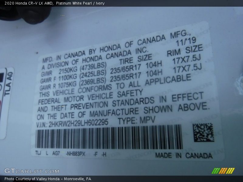 Platinum White Pearl / Ivory 2020 Honda CR-V LX AWD