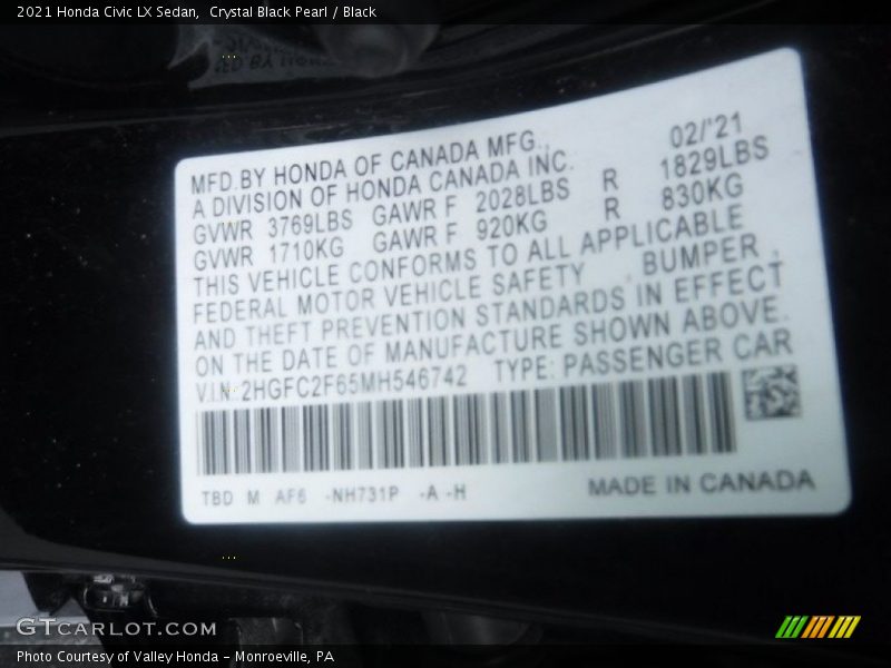 Crystal Black Pearl / Black 2021 Honda Civic LX Sedan