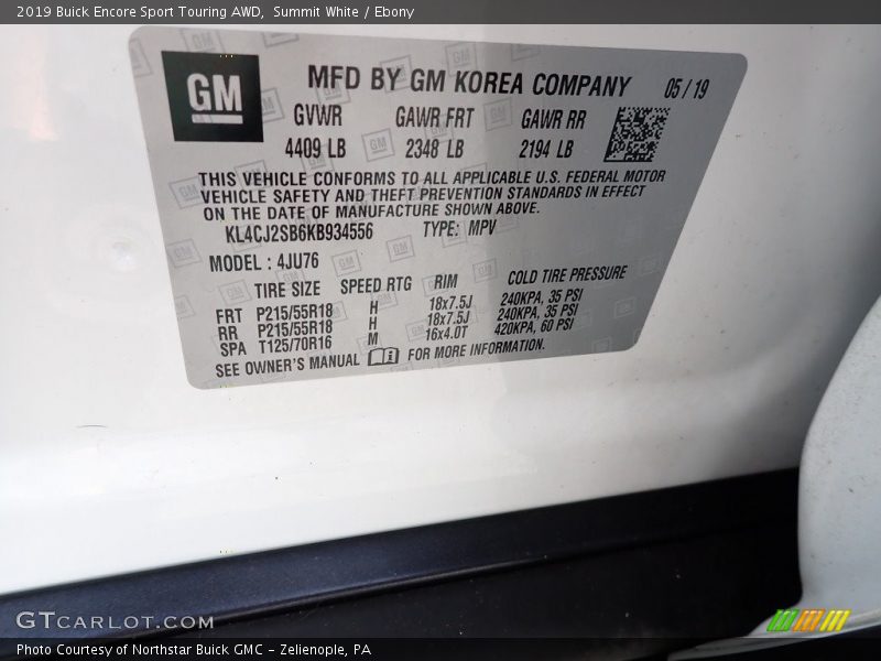 Summit White / Ebony 2019 Buick Encore Sport Touring AWD