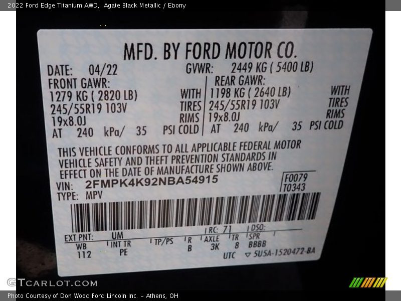 Agate Black Metallic / Ebony 2022 Ford Edge Titanium AWD
