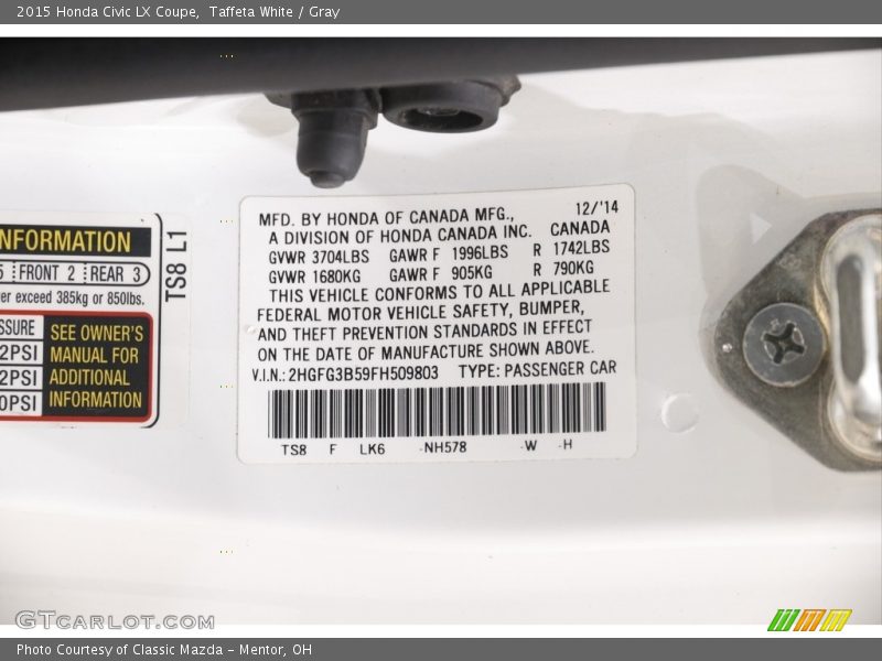 2015 Civic LX Coupe Taffeta White Color Code NH578