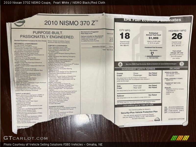  2010 370Z NISMO Coupe Window Sticker