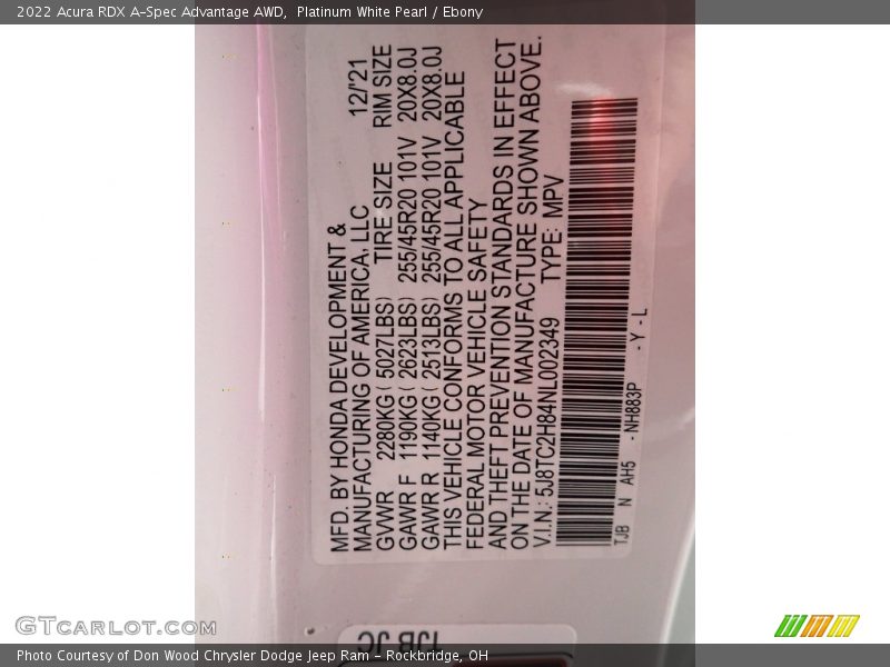 2022 RDX A-Spec Advantage AWD Platinum White Pearl Color Code NH883P
