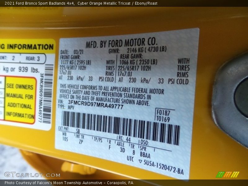 Cyber Orange Metallic Tricoat / Ebony/Roast 2021 Ford Bronco Sport Badlands 4x4
