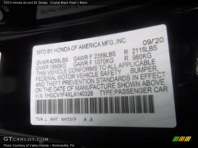 Crystal Black Pearl / Black 2020 Honda Accord EX Sedan
