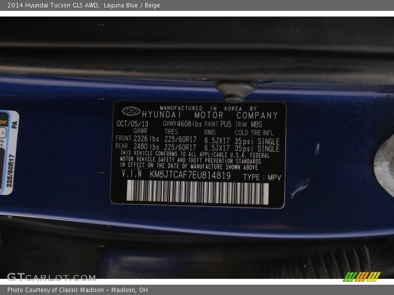 2014 Tucson GLS AWD Laguna Blue Color Code PU5