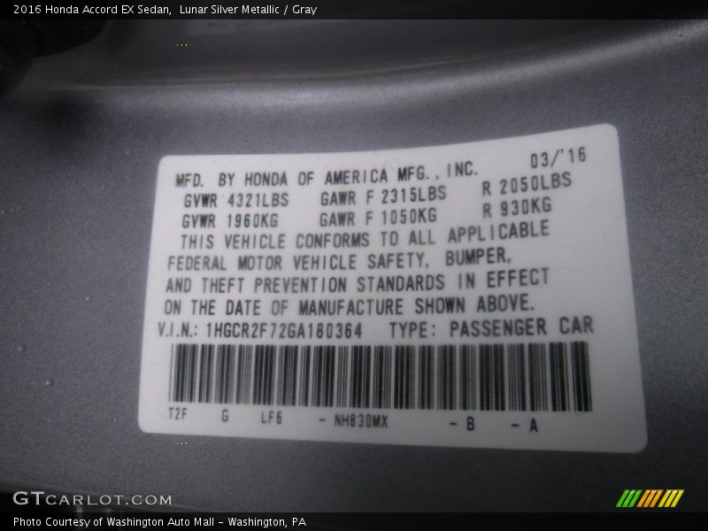 Lunar Silver Metallic / Gray 2016 Honda Accord EX Sedan