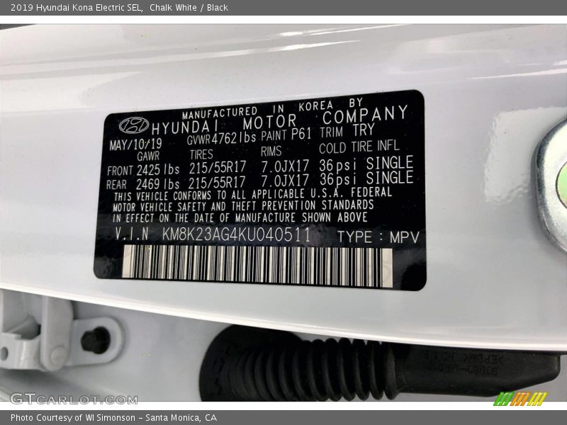 2019 Kona Electric SEL Chalk White Color Code P61