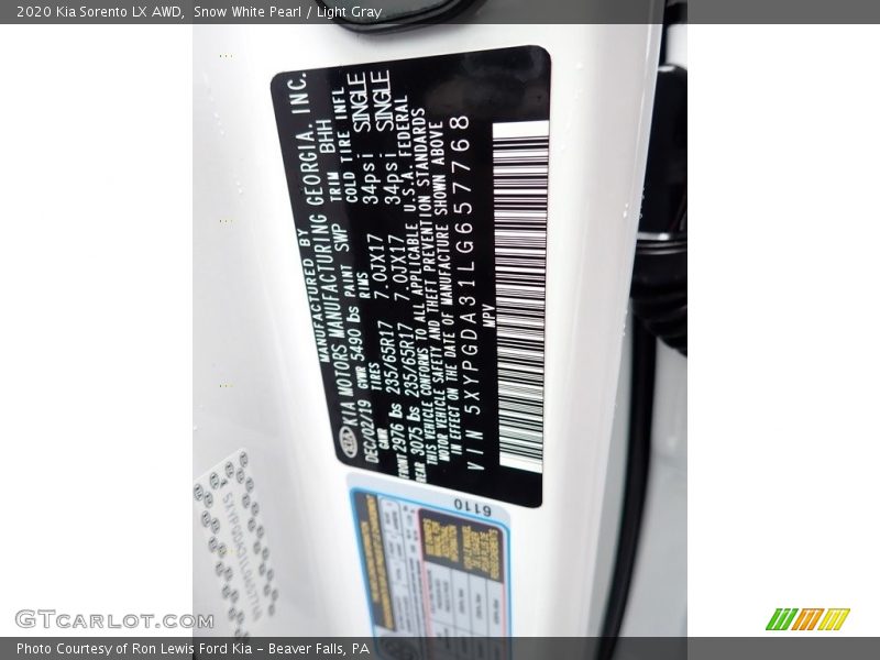 Snow White Pearl / Light Gray 2020 Kia Sorento LX AWD