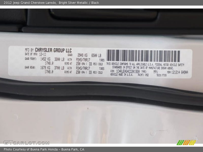 Bright Silver Metallic / Black 2012 Jeep Grand Cherokee Laredo