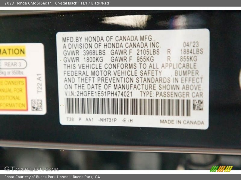 2023 Civic Si Sedan Crystal Black Pearl Color Code NH731P
