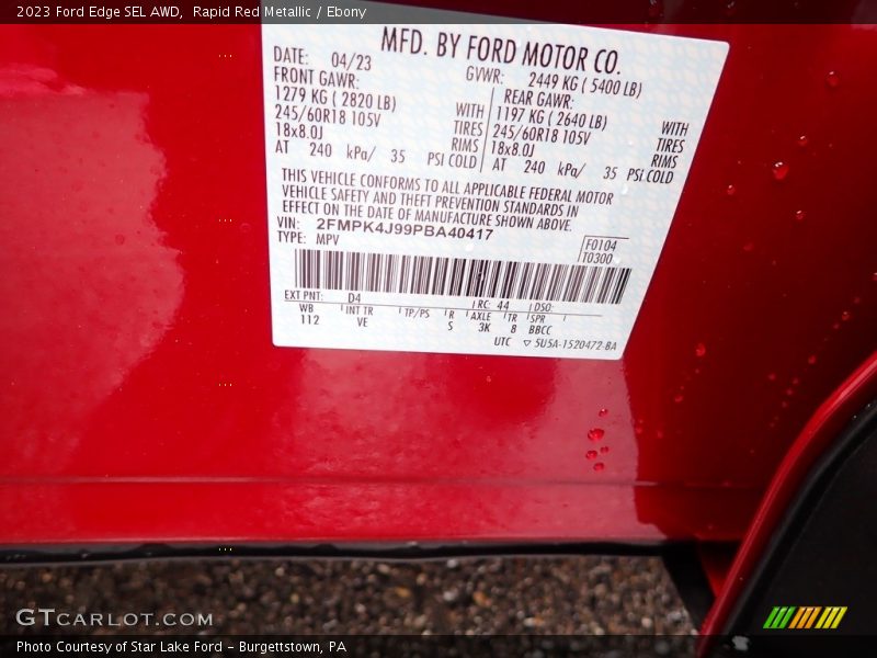 2023 Edge SEL AWD Rapid Red Metallic Color Code D4