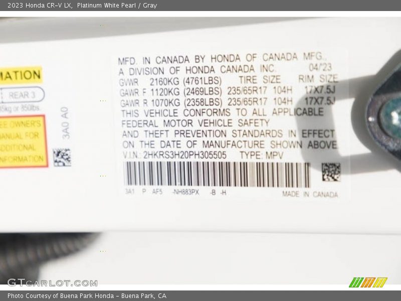 Platinum White Pearl / Gray 2023 Honda CR-V LX