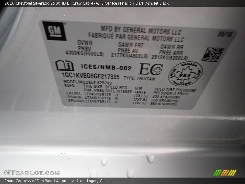 Silver Ice Metallic / Dark Ash/Jet Black 2016 Chevrolet Silverado 2500HD LT Crew Cab 4x4