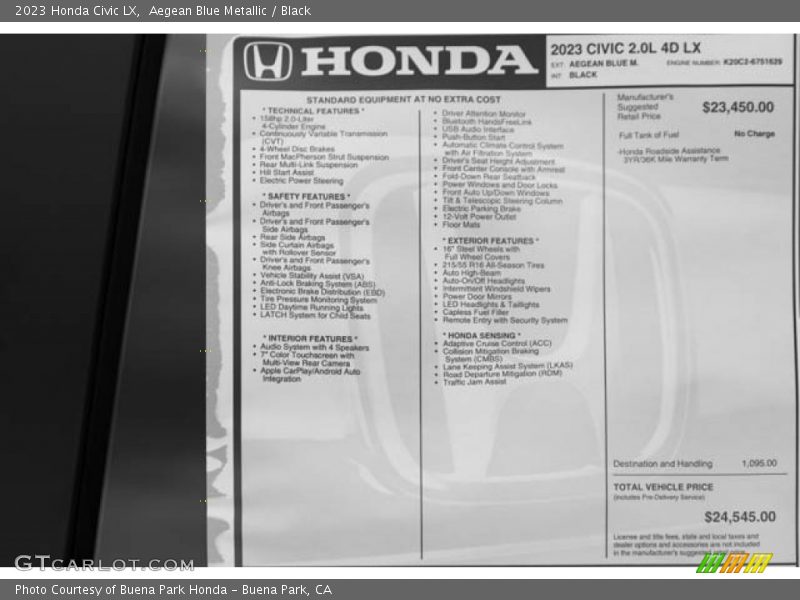 Aegean Blue Metallic / Black 2023 Honda Civic LX