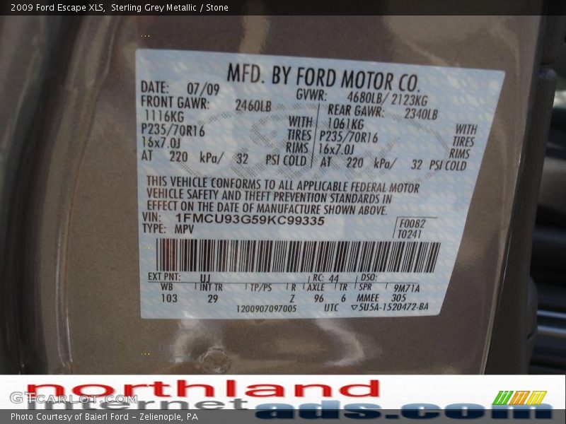 Sterling Grey Metallic / Stone 2009 Ford Escape XLS