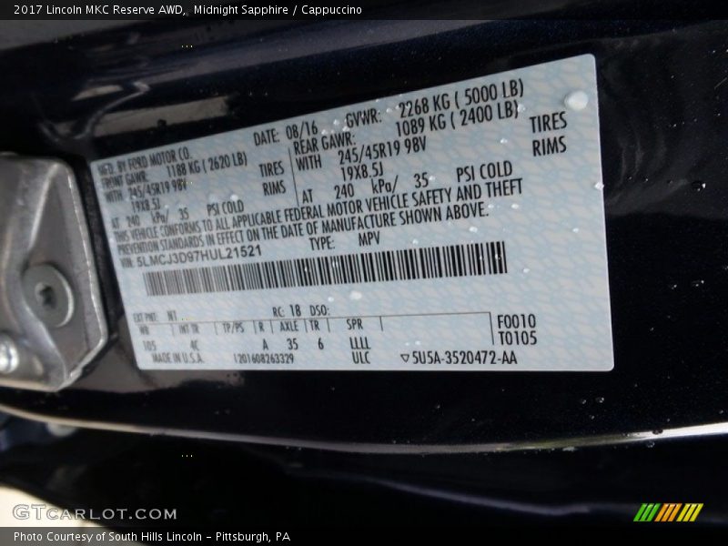 Midnight Sapphire / Cappuccino 2017 Lincoln MKC Reserve AWD
