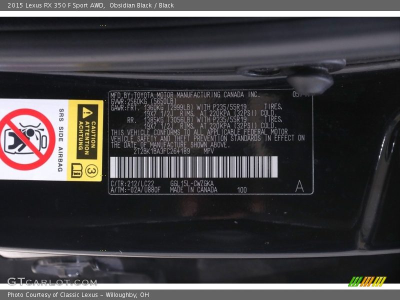 2015 RX 350 F Sport AWD Obsidian Black Color Code 212