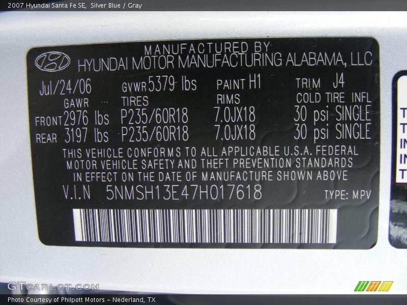Silver Blue / Gray 2007 Hyundai Santa Fe SE
