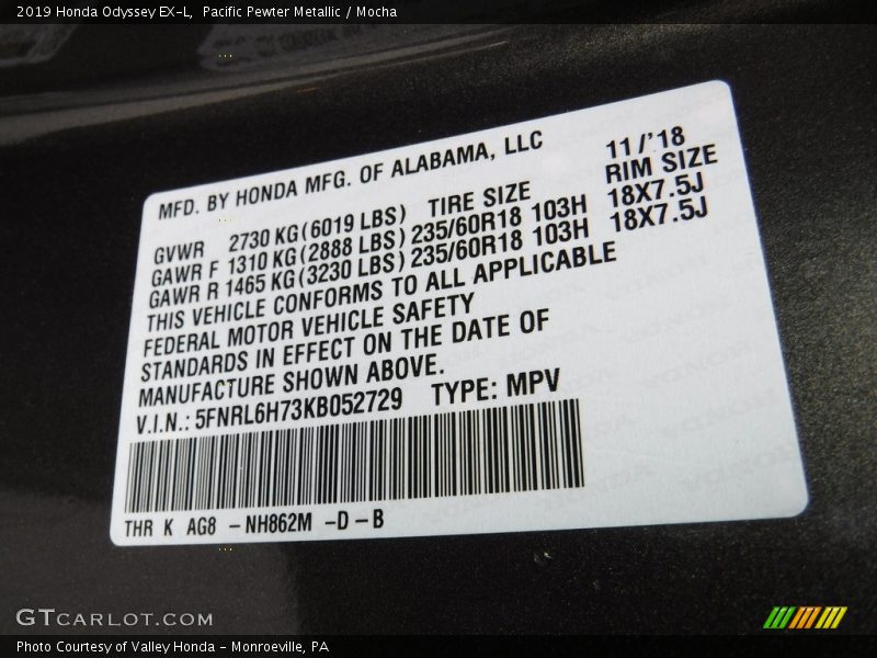 Pacific Pewter Metallic / Mocha 2019 Honda Odyssey EX-L