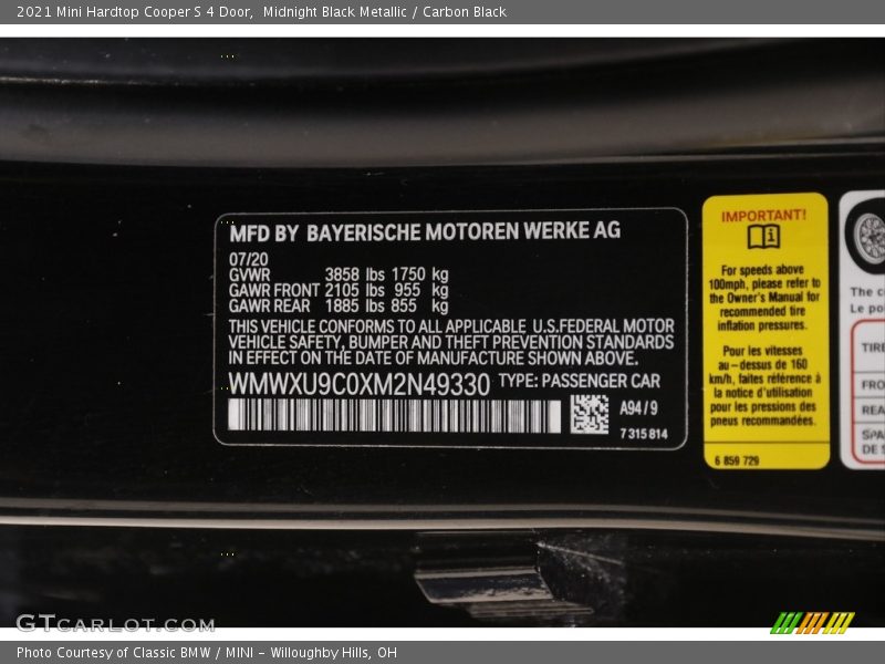 Midnight Black Metallic / Carbon Black 2021 Mini Hardtop Cooper S 4 Door